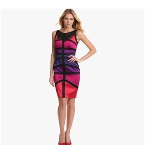 JAX Colorblock Satin Sheath Bandage Dress with Netting at Neckline Sz 4 NWOT